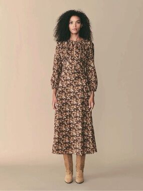 Doen Ginetta Fern Grove Floral Brown Floral Maxi Dress with Long Sleeves XL
